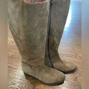 J Crew Suede Tall Boots Tan Leather Size 7 1/2 Flat Heel Full Zip